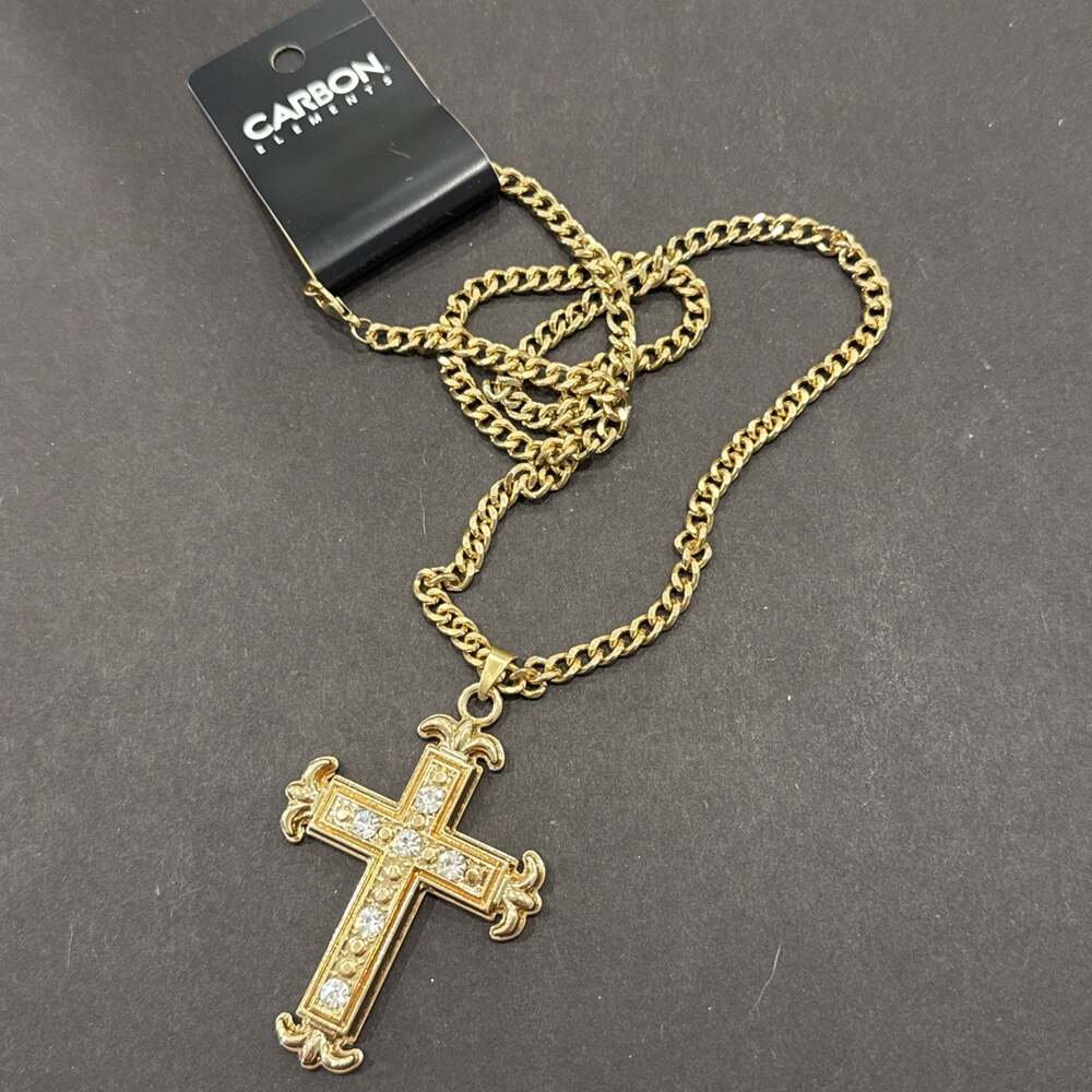 Gold Tone CARBON Elements Cross Necklace Costume Jewelry NOS